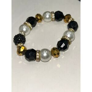 Vintage Style Black, Gold & White Beaded Stretch Bracelet - Gold Tone Accents